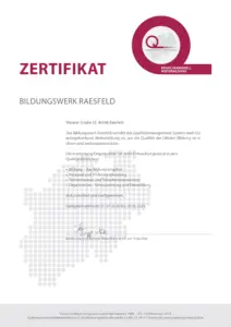 Zertifikat Branchenmodell Weiterbildung des Bildungswerks Raesfeld, zertifiziert durch den Gütesiegelverbund Weiterbildung e.V., gültig vom 01.07.2026 bis 30.06.2029.